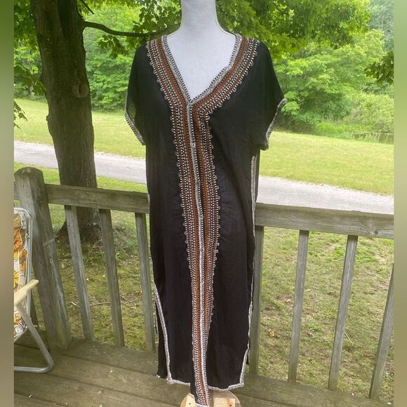 Garnet Hill Womens Black Orange Embroidered V-neck Caftan Medium - Picture 2 of 7